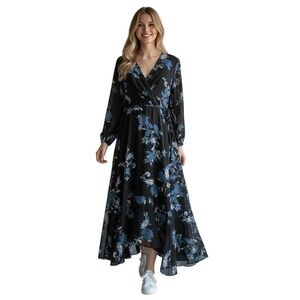 Maison Tara Women's Black Floral Print Keyhole Neck Long Sleeve Maxi Dress Sz 6